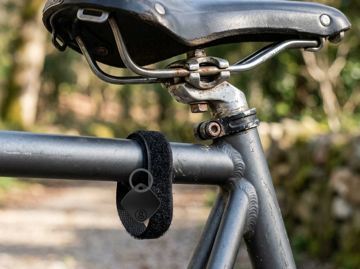 iTagPro tracker fastened beneath a bicycle saddle bar on a frame tube outdoors