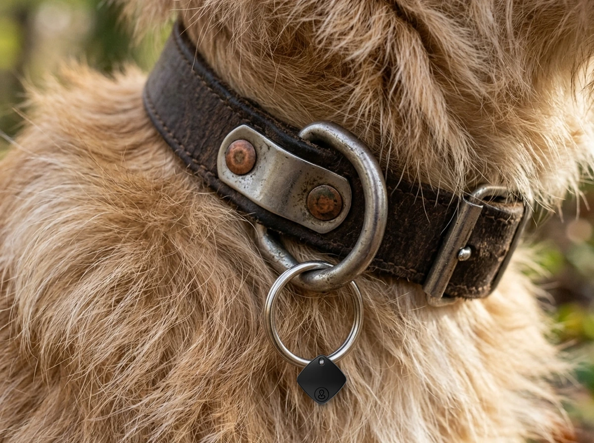 iTagPro tag attached to a nylon dog collar ring on a dog outdoors in grass